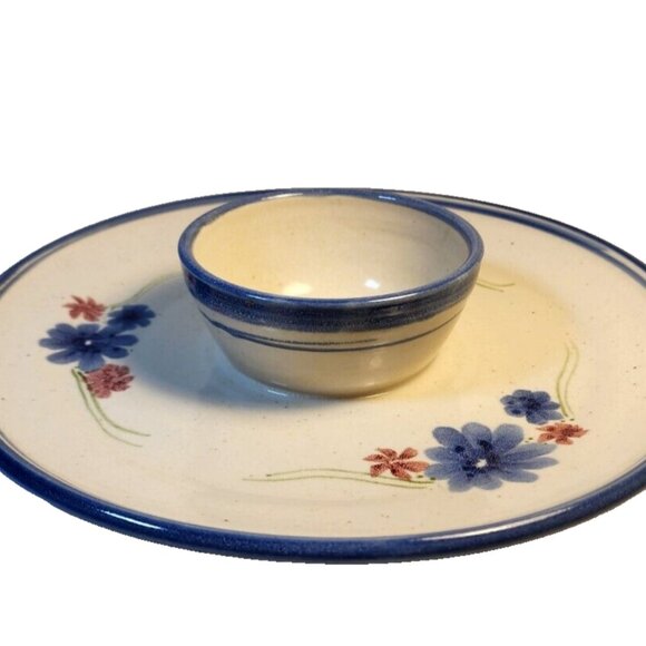 Handcrafted Stoneware Pottery Floral Chip & Dip Bowl Blue Ivory Signed Glazed - Picture 2 of 10